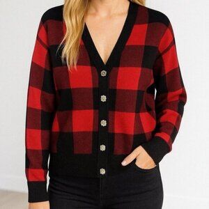 Tommy Bahama Black and Red Buffalo Plaid Check cardigan sweater Medium